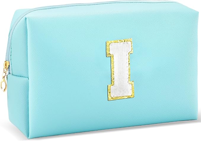 Gifts for Girls Initial Makeup Bag Personalized Cosmetic Bag with Zipper Cute Travel Toiletry Bag Waterproof PU Preppy Makeup Pouch Birthday Gift for Teen Girls Women(Blue I)