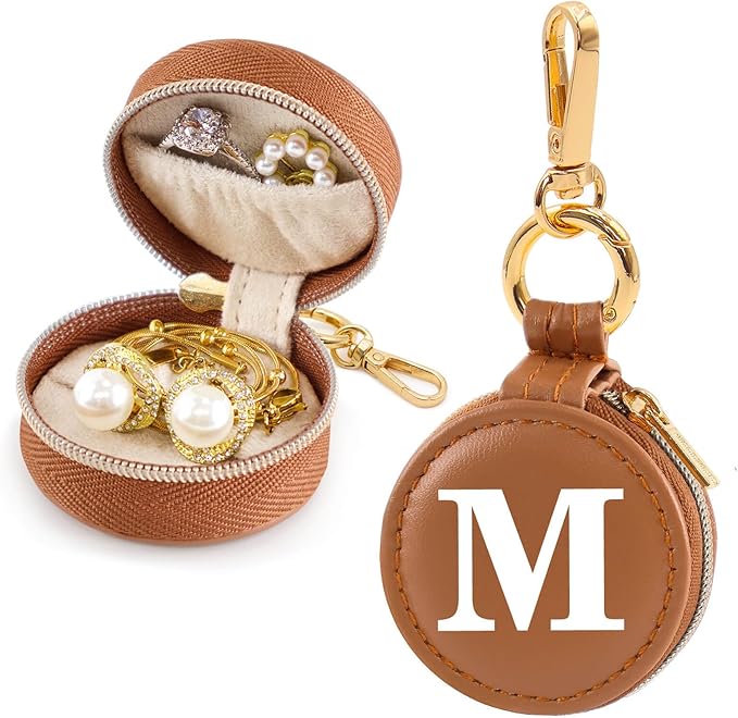 Mini Initial Travel Jewelry Case Ring Holder, Brown Faux Leather Small Jewelry Organizer Box Gifts for Women Girls Nurse Teacher, Gym Travel Accessories Keychain Pouch for Earrings Rings Necklace M