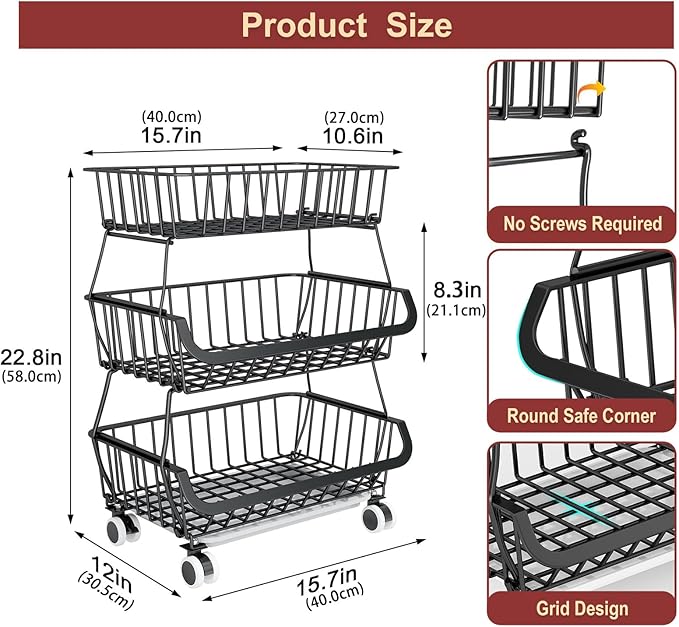 3-Tier Rolling Pantry Cart with Wheels, Stackable Wire Storage Floor Organizer for Kitchen Pantry Snack Shelves, Fruit Basket Stand, Vegetable Storage Rack for Food Snacks Onion Potato