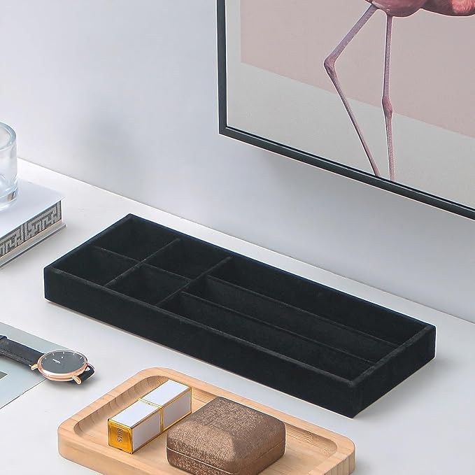 2Pcs Desk Drawer Storage Tray, Nightstand Organizer Tray, Necklace Bracelet Ring Earring Jewelry Display Tray, Grid Table Organizer Holder Tray for Sunglass, Phone, Watch, Perfume (7 grid)/Black