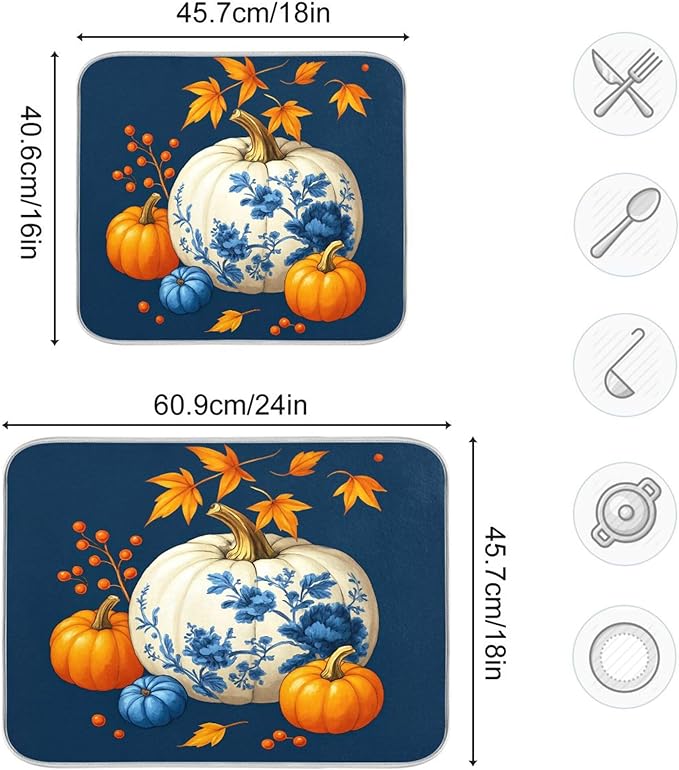 Pumpkin Porcelain Blue White Dish Drying Mat for Kitchen Countertop 16x18 Fall Maple Leaves Thanksgiving Day Small Drying Mat Reusable Quick Dry Dish Sink Mats Easy Clean Decorative Essentials