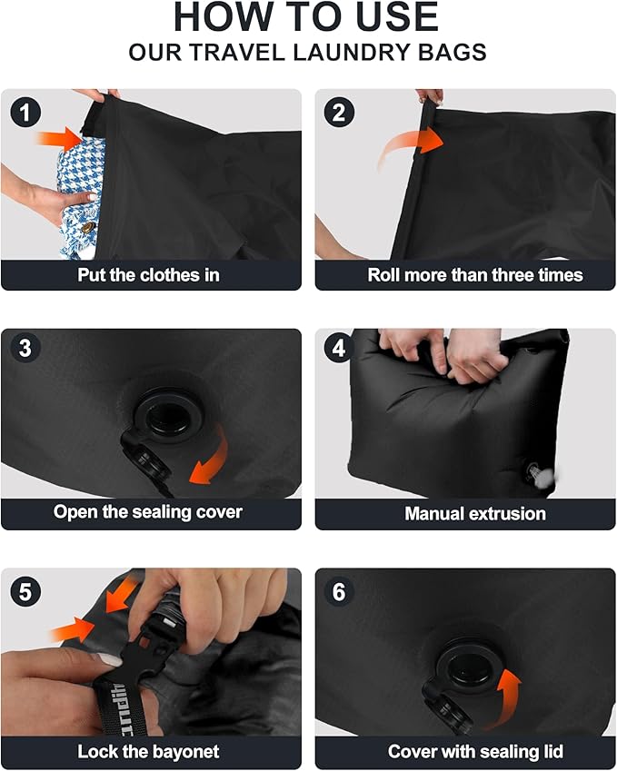 Travel Laundry Bag, Pump-Free Vacuum Compression Dirty Clothes Bag, Small Reusable Waterproof & Washable Laundry Bag, Wet and Dry Bag, Ideal for Suitcases, Road Trip Essentials (1 Pcs) Black