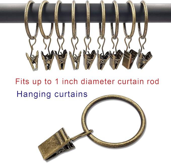 100 Pack Curtain Rings with Clips, Drapery Clips with Rings, Drapes Rings 1.26 in Interior Diameter, Fits up to 1 in Curtain Rod, Bronze