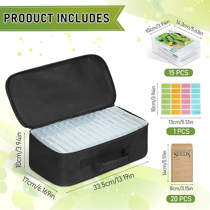 15 Slots Seed Storage Organizer Box with 20 Seed Envelopes, Large Capacity Seeds Storage Container with Zipper Bag Label Stickers, Seeds Saving Container for Garden Vegetable and Flower (Black)
