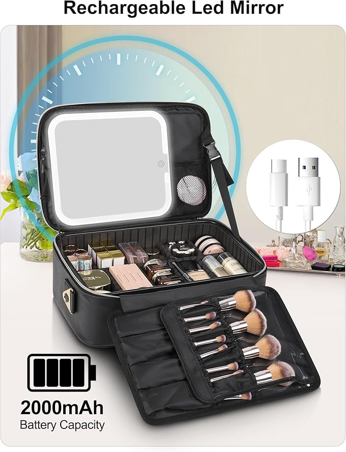 Relavel Makeup Train Case With LED Mirror, Professional Travel Cosmetic Bag with Removable Partitions, Compact Makeup Organizer, Waterproof Toiletry Case for Women, Black