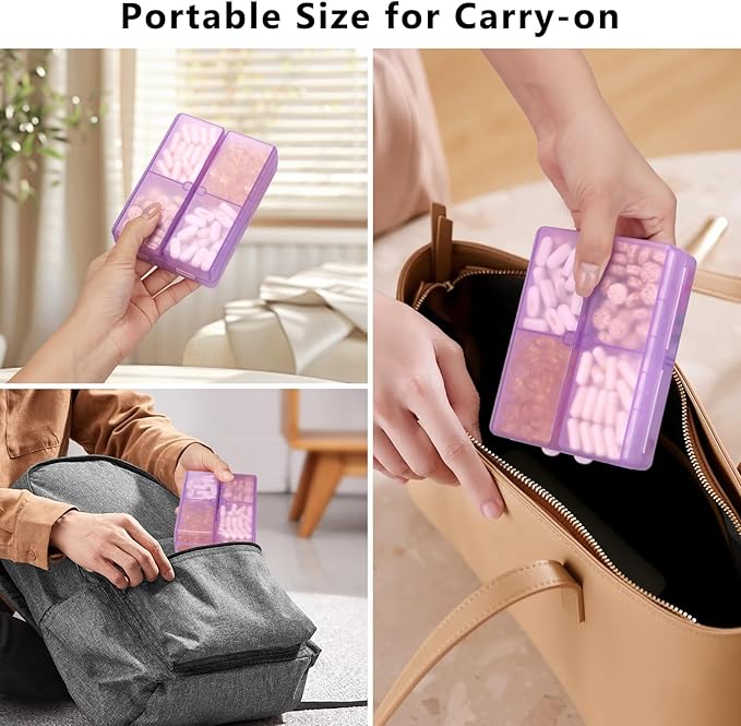 FYY Daily Pill Organizer,7 Compartments Portable Pill Case Travel Pill Organizer,[Folding Design] Large Pill Box for Purse Pocket to Hold Vitamins,Cod Liver Oil,Supplements and Medication-Clear Purple