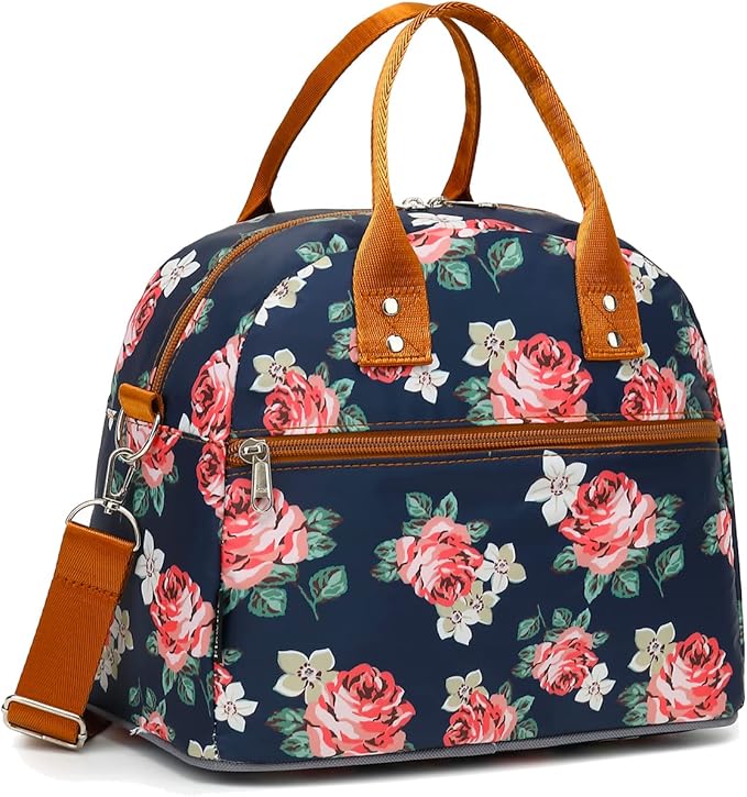 FlowFly Insulated Lunch Bag With Shoulder Strap for Women, Men, and Kids, Large and Reusable, Handle, Freezable Work and School Travel Tote and Meal Prep Organizer, Peony