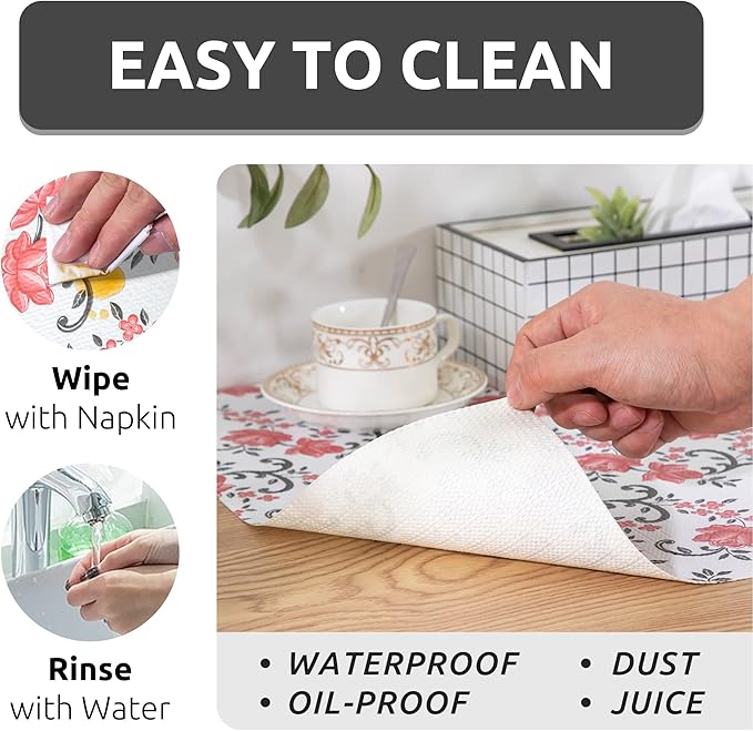 FIFTY FEET 12X120 Inch Shelf Liner for Kitchen Cabinets, PVC Drawer Liner for Dresser Non-Slip Bathroom, Non-Adhesive Cabinet Liner Washable (Red Floral)(2 Roll)