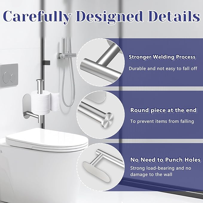 Toilet Paper Holder, Stainless Steel & No Drilling Toilet Paper Holder Wall Mount, Waterproof Self Adhesive Toilet Paper Holders for Bathroom, Kitchen, Washroom（Sliver）