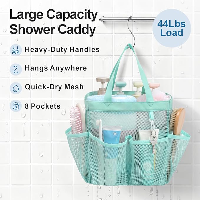F-color Mesh Shower Caddy Portable, Upgraded Deeper 7-Pocket Shower Bag Basket Tote for College Dorm Room, Toiletry, Bathroom Essentials, Gym, Camp, Quick Dry, 2 Handles with S Hook, Sage Green