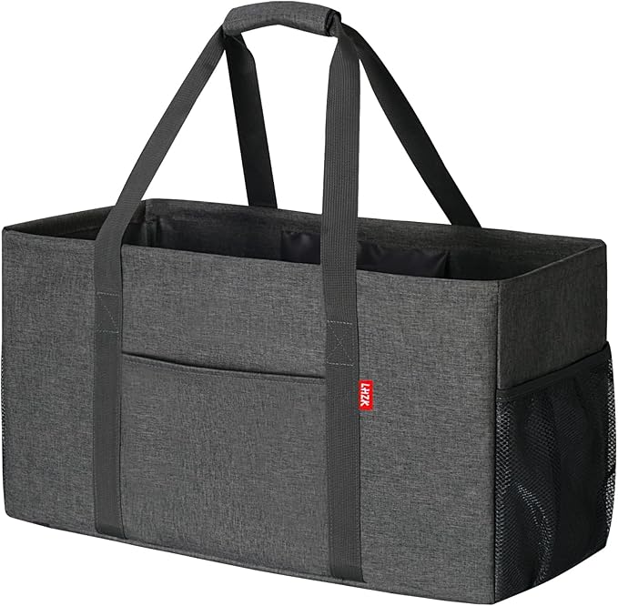 LHZK Standing Extra Large Utility Tote Bag with Metal Wire Frame and the Sides Rinforced, Extra Large Tote Bag with Handle, Reusable Grocery Bags Foldable, Beach Bag, Car Tote (Grey)
