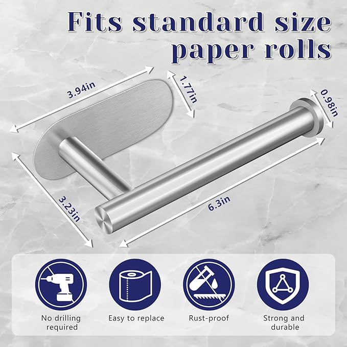 Toilet Paper Holder, Stainless Steel & No Drilling Toilet Paper Holder Wall Mount, Waterproof Self Adhesive Toilet Paper Holders for Bathroom, Kitchen, Washroom（Sliver）