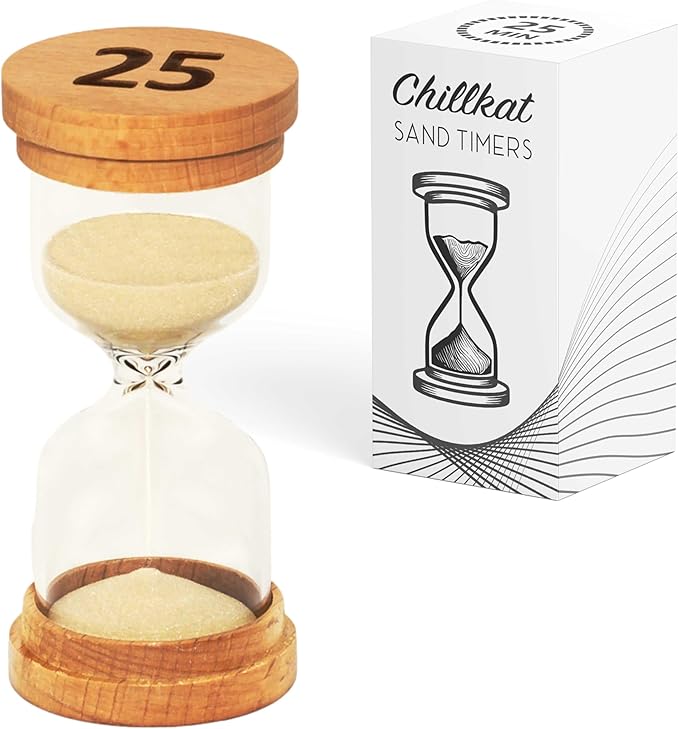 25 Minute Sand Hourglass Timer - Glass Sand Clock 25 Min - Modern Hourglass Watch with Wooden End Caps for Kids, Games, Classroom, Kitchen, Home or Office Decor