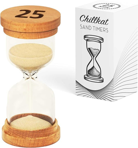 25 Minute Sand Hourglass Timer - Glass Sand Clock 25 Min - Modern Hourglass Watch with Wooden End Caps for Kids, Games, Classroom, Kitchen, Home or Office Decor