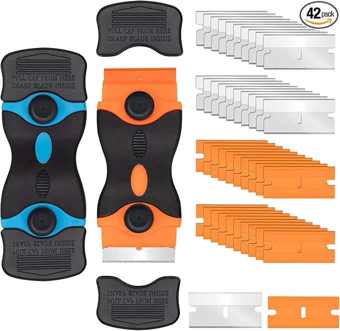 Aisoso Razor Scraper Tool 2 Pack, Razor Blade Scraper Tool with 20pcs Plastic Blades and 20pcs Metal Scraper Blades, Paint Scraper for Glass, Decals, Wallpaper, Stickers