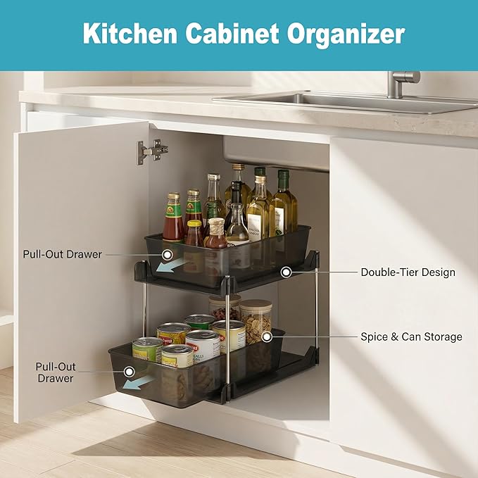 2 Pack 2 Tire Under Sink Organizer, Bathroom Organizers and Storage,Cabinet Drawers Bins, Pull-Out Organization with Track for Pantry, Kitchen,Fridge,Vanity Countertop (Black Clear