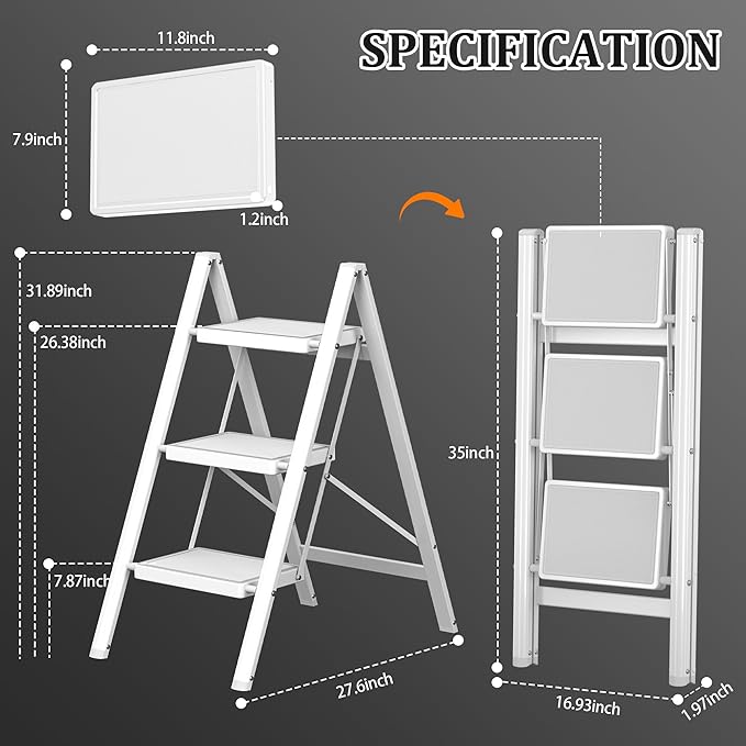 3 Step Ladder, Folding Step Stool with Anti-Slip Wide Pedal, Anti-Slip Feet, Sturdiest Steel Construction, 600lbs Capacity Steel Ladder for Home and Office, White