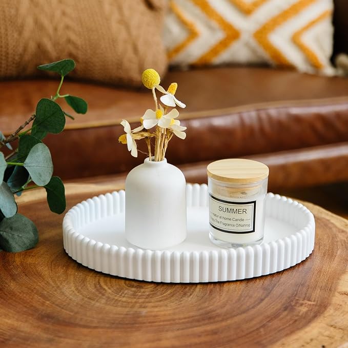 11.8in Decorative Tray for Coffee Table Decor- White Oval Concrete Tray for Home Decor- Scalloped Flat Modern Centerpieces Tray Decor for Living Room, Kitchen Dining Table, Entryway (White)