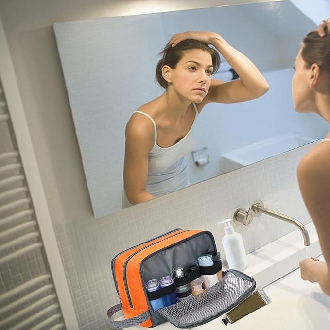 Toiletry Bag for Men/Women, Hanging Dopp Kit, Water-Resistant Shaving Bag, Small Toiletry Bag for Traveling (Orange)