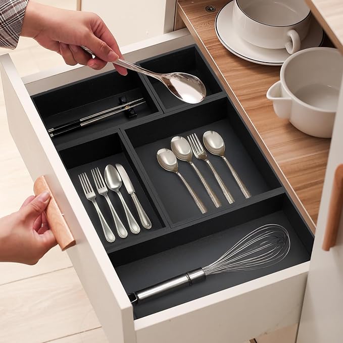 5PCS Bamboo Drawer Organizer Set with Adjustable Dividers,Stackable Kitchen Bathroom Office Desk Organizer Storage Box Container Trays for Utensils, Makeup, Silverware,Non-Slip Silicone Pads