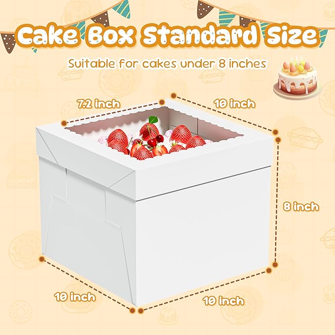 7 Pack Cake Boxes, 10x10x8 Inches Tall Cake Box with Window, White Cake Boxes with Cake Boards, Square Bakery Box, for Cake, Treat Cookie Dessert, Pastry, Birthday Party, Mother's Day, Weddings