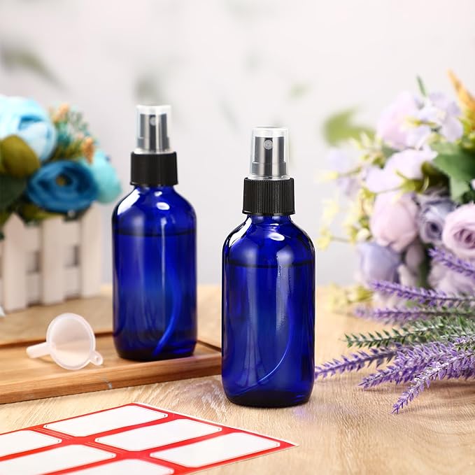 Fumete 2 Pack Glass Bottles 4oz Empty Refillable Liquid Containers with 1 Label 1 Funnel for Essential Oils Hair Travel Plants Cleaning Skin Care(Blue, Black Top,Mist Bottle)