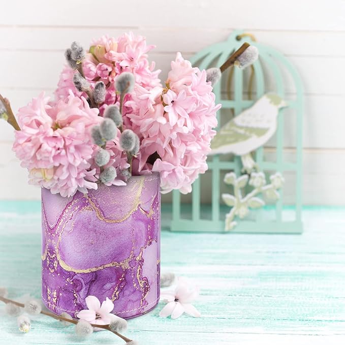 WAVEYU Pen Holder, Pencil Cup Desk Decor, Decorative Pencil Organizer, Makeup Brush Holder, Leather Multi-Functional Organizer for Office, Home, Classroom, Purple Marble