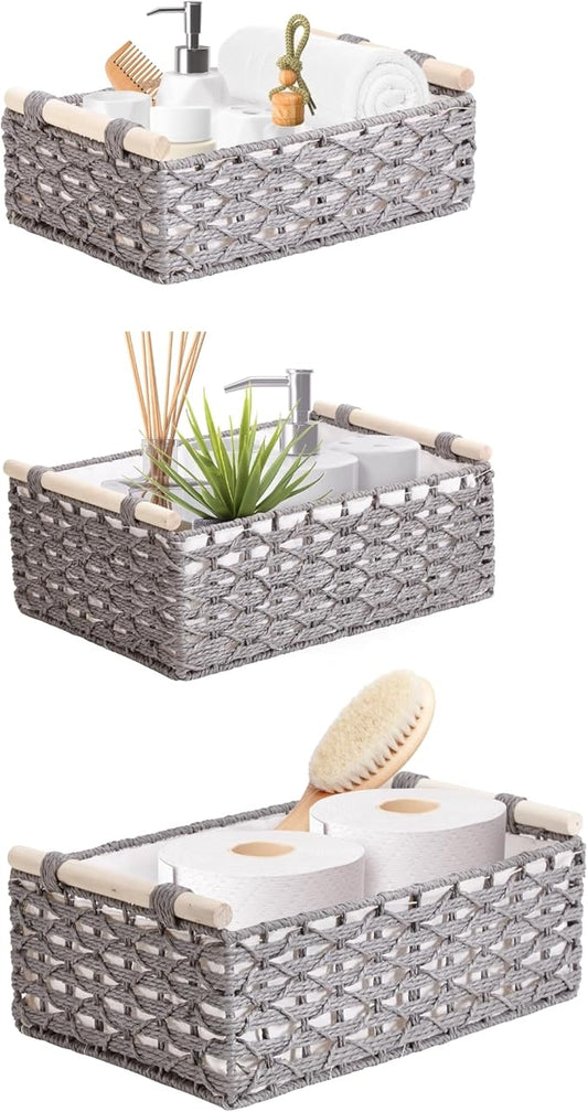 DECOMOMO Toilet Tank Basket, Wicker Storage Bins for Countertop, Toilet Top Organizer, Back of Toilet Basket, Pantry, (Grey, Set of 3)