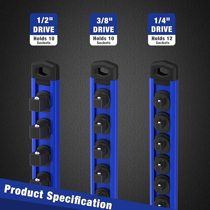 WORKPRO Magnetic Socket Organizer Set, 3-Piece Aluminum Alloy Socket Rail, Heavy Duty Socket Holder, Socket Rack Kit 1/4-Inch x 12 Clips, 3/8-Inch x 10 Clips, 1/2-Inch x 10 Clips (Blue)