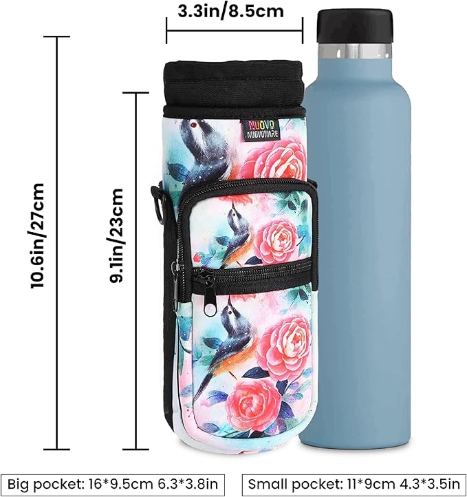 Nuovoware Water Bottle Carrier Bag,25oz/40oz/64oz Bottle Pouch Holder,Adjustable Shoulder Hand Strap 2 Pocket Sling Neoprene Sleeve Sports Accessories for Hiking Travelling Camping