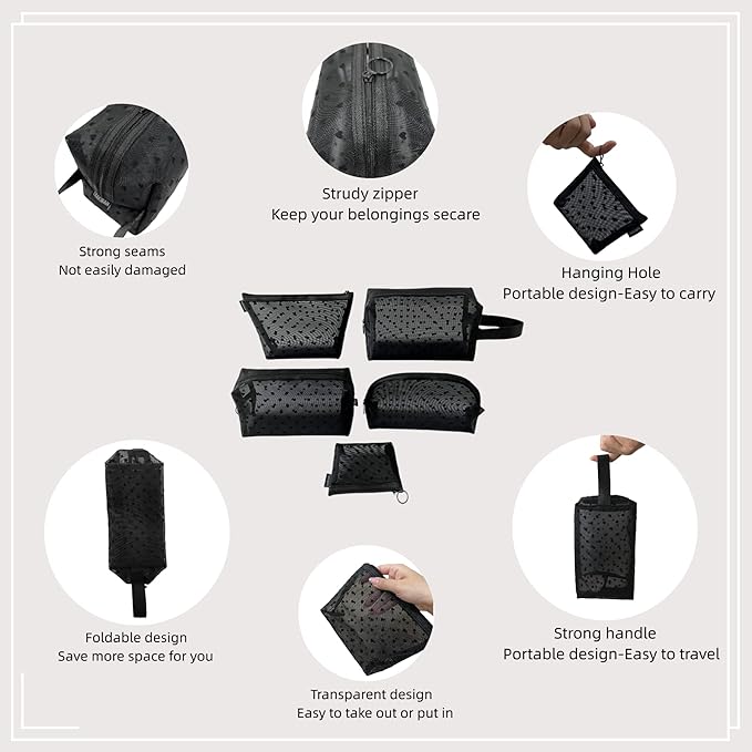 5 Pieces Heart Printed Mesh Makeup Bag Set, Portable Travel Mesh Cosmetic Bags Toiletry Bags Makeup Purse Bags with Zipper Storage Pouches for Home Offices Travel Accessories (Black)