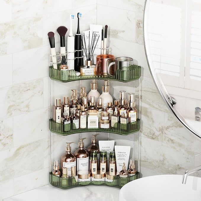 3-Tier Corner Bathroom Counter Organizer with Top Toothbrush Holders,Large Makeup Organizer Countertop with Brush Holder,Skincare Organizers Corner,Exquisite Vanity Organizer (Green, 3 Tier)
