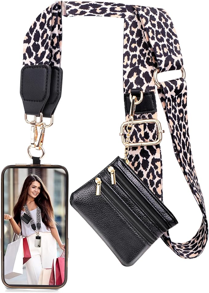 XANGNIER Clip and Go Strap for Phone with Wallet Crossbody, Phone Strap with Zippered Wallet, Adjustable Anti-Theft Cellphone Lanyard for Women, Cellphone Chain Accessories, Leopard