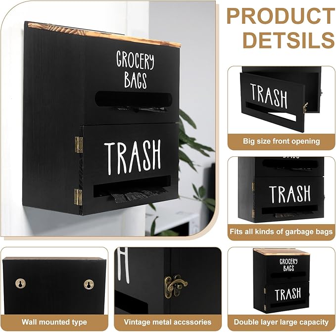 2-in-1 Trash Bag Dispenser, Double Wall-Mounted, Wood Trash Bag Holder, for kitchen, garage, laundry room, can store eco-friendly food bags and trash bags (Black)