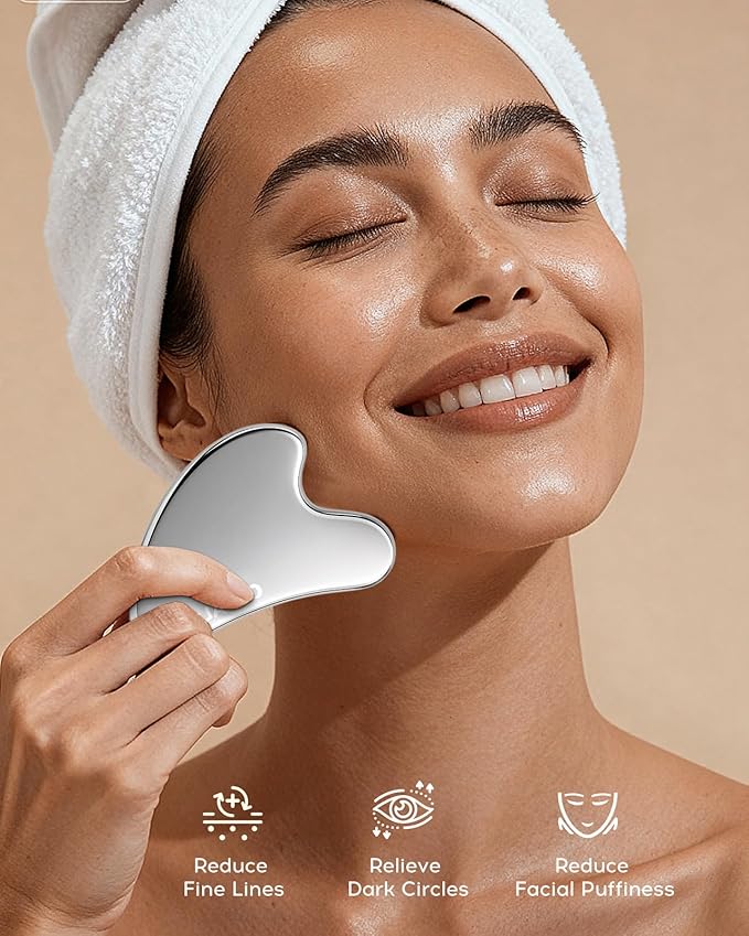 Coralogo Stainless Steel Gua Sha Tools - 4pc Skin Care Tools Set with Gua Sha Oil, Soap, Muscle Scraper for Face Massaging Body Relaxing, Self Care Gift for Christmas Birthday Valentine's Day