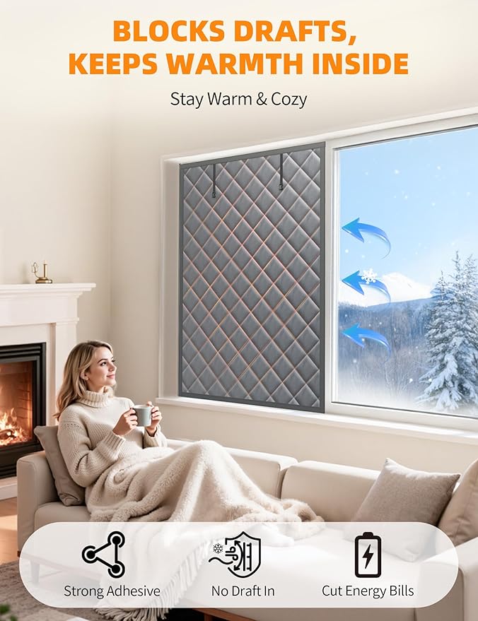 Window Insulation for Winter, 39″×63″ Thermal Window Cover (Fits 36″×60″ Windows ), Dual-Sided Winterizing Curtain for Home & RV, Reusable Draft Stopper with Roll-Up Buckle