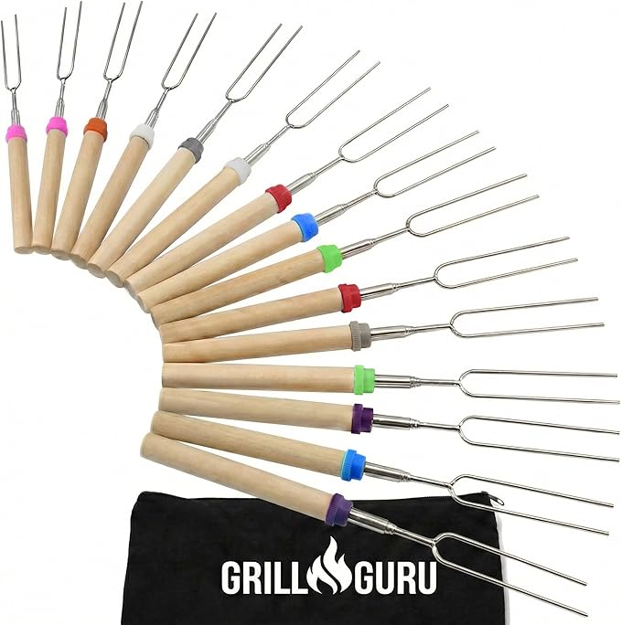 Grill Guru Smores Sticks for Fire Pit - Accessories for Campfire Marshmallow Roasting Sticks Smores Kit Outdoor-Smore Skewers Hot Dog Fork For Outside, Camping Essentials Bonfire Gear Long 32" 15 Pack
