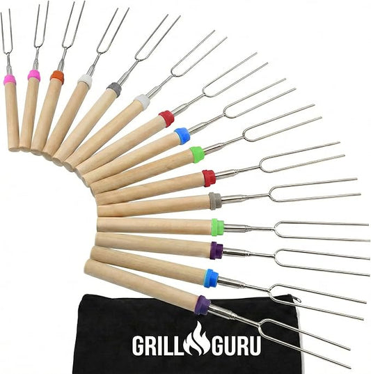 Grill Guru Smores Sticks for Fire Pit - Accessories for Campfire Marshmallow Roasting Sticks Smores Kit Outdoor-Smore Skewers Hot Dog Fork For Outside, Camping Essentials Bonfire Gear Long 32" 15 Pack