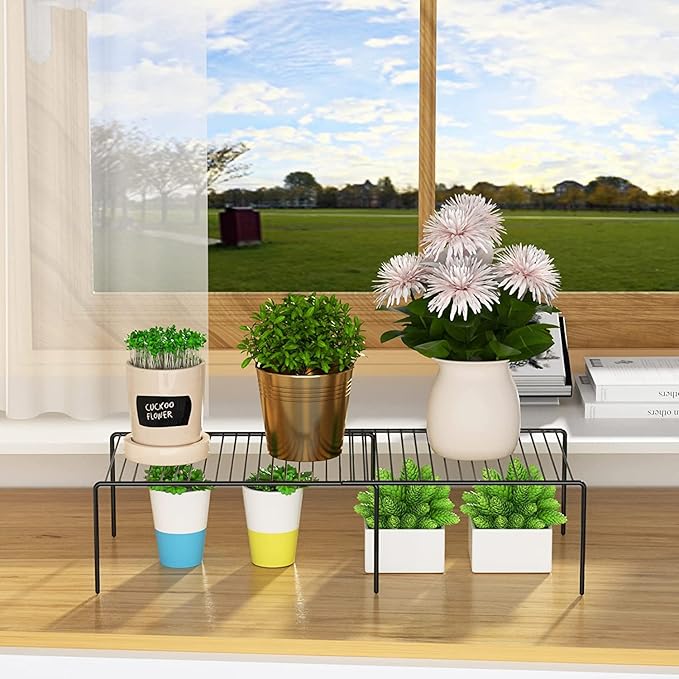 Kitchen Cabinet Expandable Shelf Organizers Set of 4, Adjustable Metal Wire Pantry Storage Shelves, Plate Dish Organizer Rack for Cabinets, Cupboard, Counter, Freezer, Countertop, Black