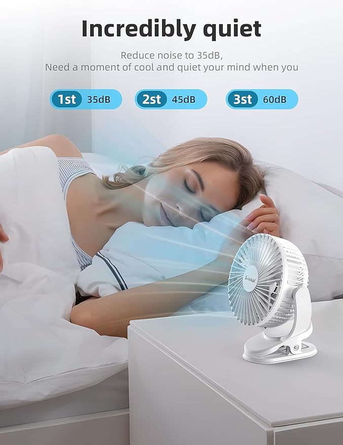 usb Personal Clip on Fan 2400mAh Battery Operated 6in, Type C, 3 Speed, 720 adjustment, Small Portable Fan for Table, Bedroom, Desk, dormitory, Camping, Stroller, Golf Cart