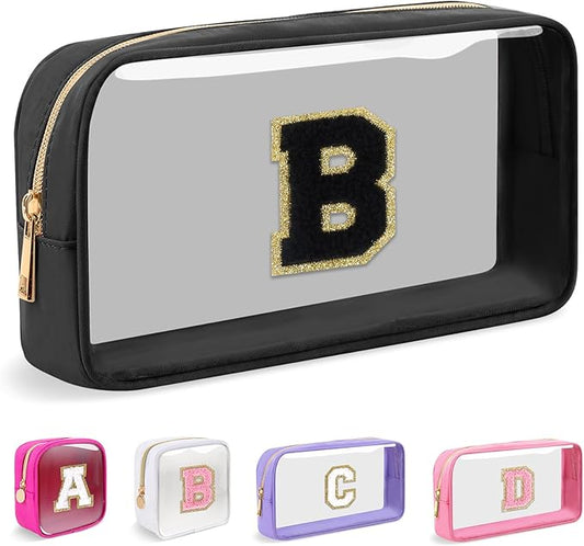 Small Clear Personalized Initial Makeup Bag,Nylon Preppy A-Z Chenille Letter Patch Cosmetic Pouch Beach Toiletry Bag,Waterproof Zipper Travel Purse Storage Bag Organizer for Women Girls(Black-Black B)