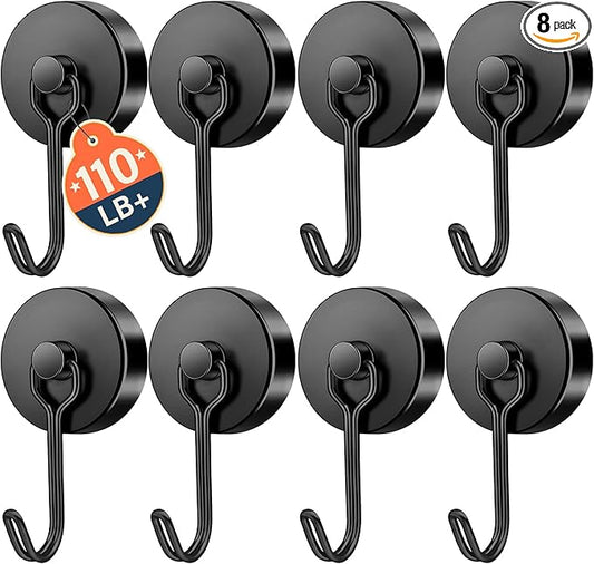 FINDMAG Magnetic Swivel Hooks 110lbs+ Strong Heavy Duty Magnets, Cruise Cabin Essentials, Fridge, Kitchen, Grill, Classroom, 8 Pack (Black)