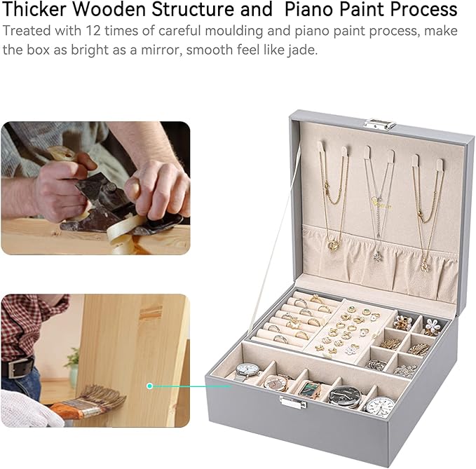 Voova Jewelry Box Organizer for Men Women, 2 Layer 5 Slot Watch Storage Case with Removable Tray, PU Leather Large Jewellery Holder Display for Watches Sunglasses Rings Earrings Necklace, Grey