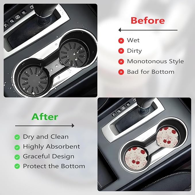 Car Cup Holder Coasters, 2 Pcs Ceramic Coasters with Cork Back and Finger Slot, Anti-Slip Shock Absorbing Women and Men Universal Car Accessories - Vintage Cherry