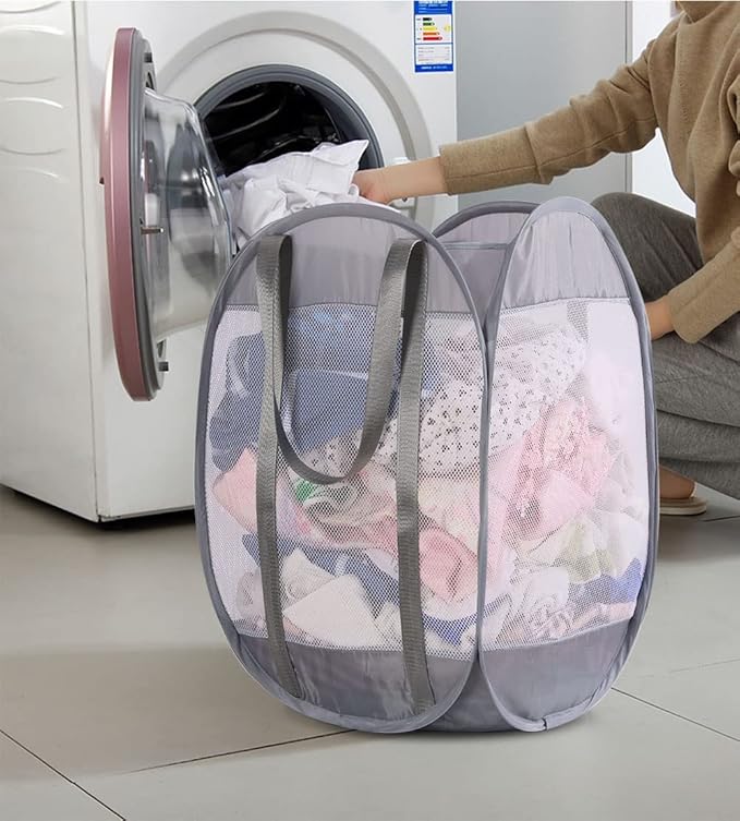 with strong handles Laundry Hamper,Tear Proof Pop Up Laundry Hampers, foldable mesh Laundry basket. Used for travel, laundry room，university dormitory or toy storage, etc.(Vertical (Grey))…………