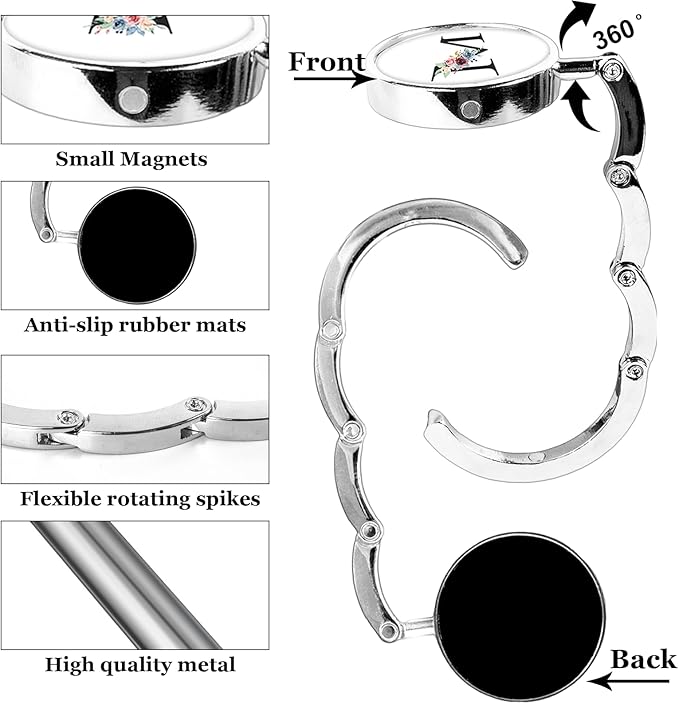 XSUIOY 3Pcs Personalized Initial Foldable Purse Hook for Table,Crushed Flower Letters Folding Purse Hanger,Purse Holder Handbag Hanger Collection Desk Table Bag Hooks Gifts for Women Bag(Black-M)