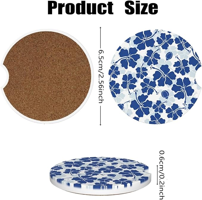 Car Cup Holder Coasters, 2 Pcs Ceramic Coasters with Cork Back and Finger Slot, Anti-Slip Shock Absorbing Women and Men Universal Car Accessories - Flower Hibiscus