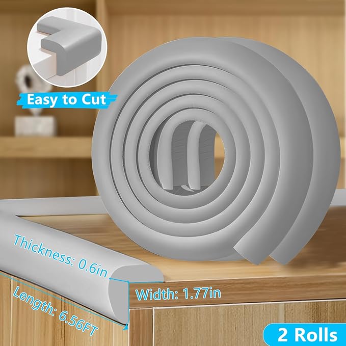 Baby Proofing Edge & Corner Protectors, 2 Roll Grey Foam L-Shape Self-Adhesive Bumper Strip, Soft Shock-Absorbent Wall & Furniture Safety Bumpers for Nursery, Kitchen, Fireplace, Table, Desk