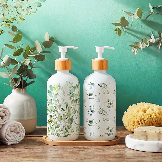 Potchen 2 Pack Glass Soap Dispenser Set Bathroom Decor Housewarming Gift Glass Soap Dispenser with Pump Wood Tray Home Decoration for Kitchen Bathroom (Eucalyptus)