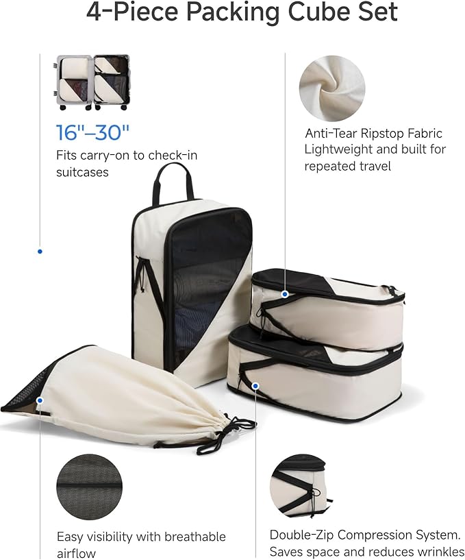 LUGGEX 4 Set Compression Packing Cubes for Travel, POX01 Luggage Organizers Bags, Suitcase Organizer with Shoe Bag Travel Accessories Essentials for Carry on & Checked (POX-Core, Beige)